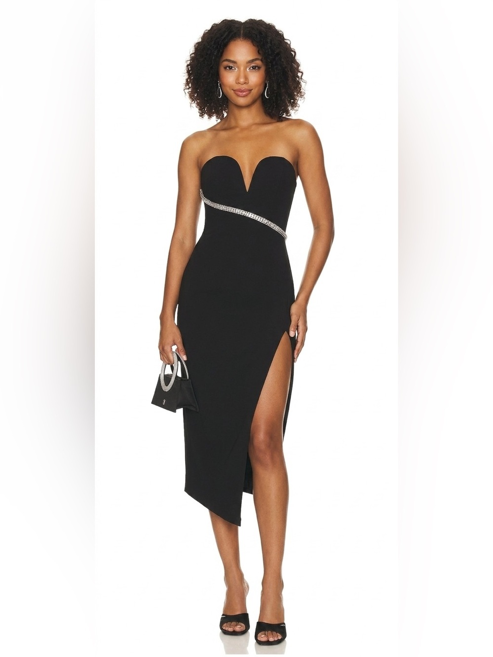 Amanda Uprichard Black Strapless Rhinestone High Slit Cocktail Midi Dress XL